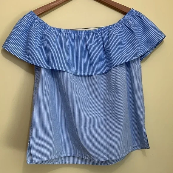 Lucky NWT Blue White Striped Ruffle Off Shoulder 100% Cotton Flounce Boxy Top S - Picture 9 of 12